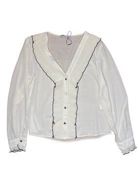 Zara Woman Ivory Button-Down Blouse With Black Trim Ruffle Detail Long Sleeves S